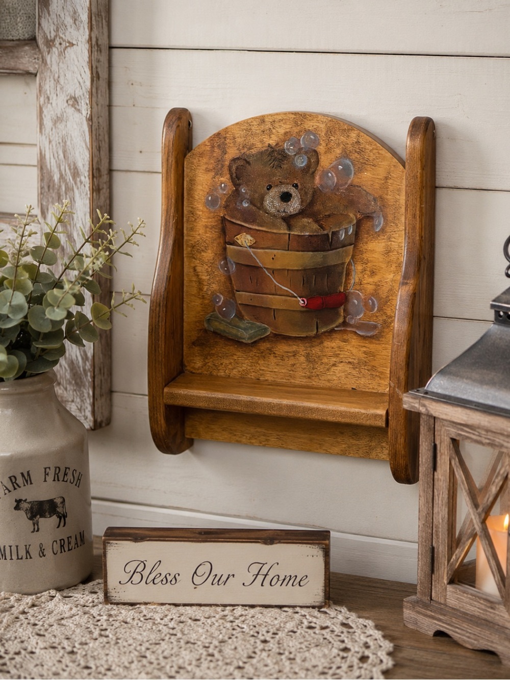 Vintage 2000 Rustic Cottagecore Hand Painted Wooden Teddy Bear Wall Shelf Decor